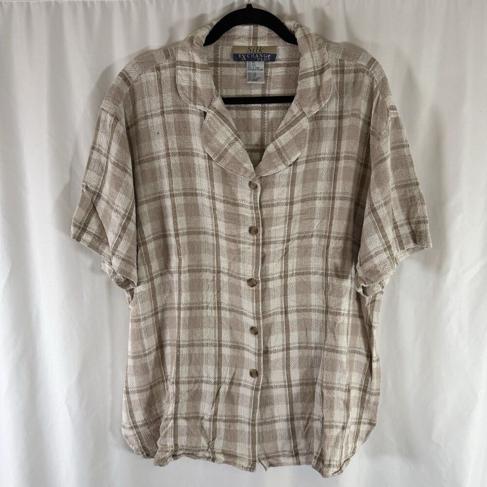 Silk Exchange 100% Silk Blouse Women's 20W Brown Plaid Short Sleeve Button Up